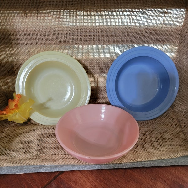 Lot of 3 Fruit Dessert Bowls Hazel Atlas Moderntone Platonite Blue Pink & Yellow Pastel  Depression Era Glassware VERY Rare