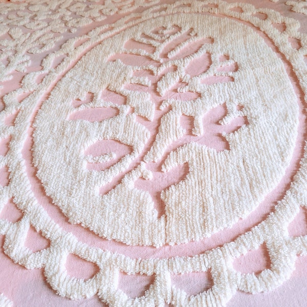 Reserved for Kathy Chenille Bedspread Pink Colored Background With White Chenille Double Full Bed Spread Mid Century 104 x 96  #3A