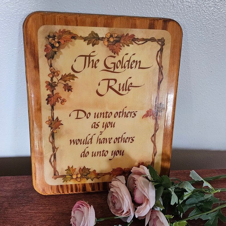 Vintage Religious Wood Plaque of The Golden Rule 1980s Religious Wall Decor image 2
