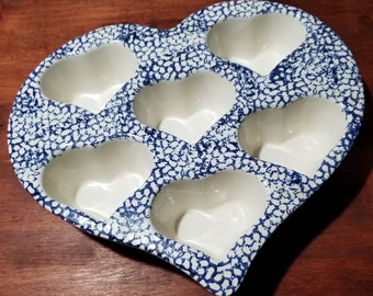 Ceramic Muffin Pan 6 Heart Shaped Muffins or Cup Cakes Blue and White Ceramic Birthday or Valentine's Day Pan