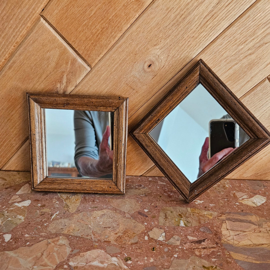 2 Small Vintage Shadowbox Mirror 1990s 5 1/8 Square Wood Mirror Accent