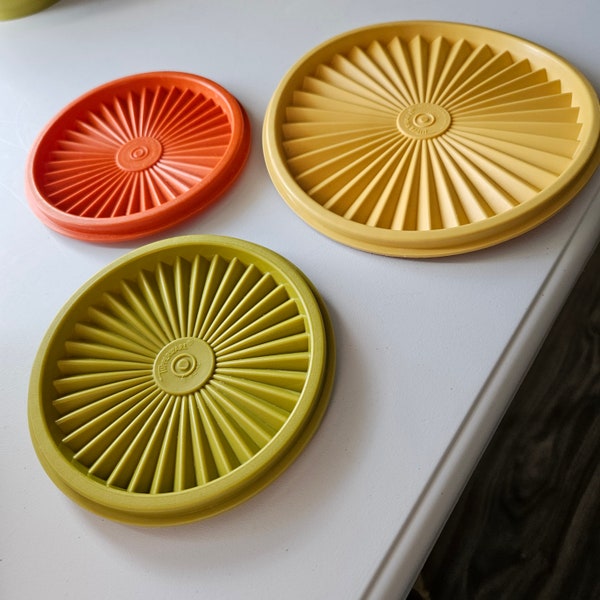 You Choose Tupperware Servalier Lids Vintage 1970s  Orange and Green 5 Inch or Yellow 6.50 Inch Round Lid