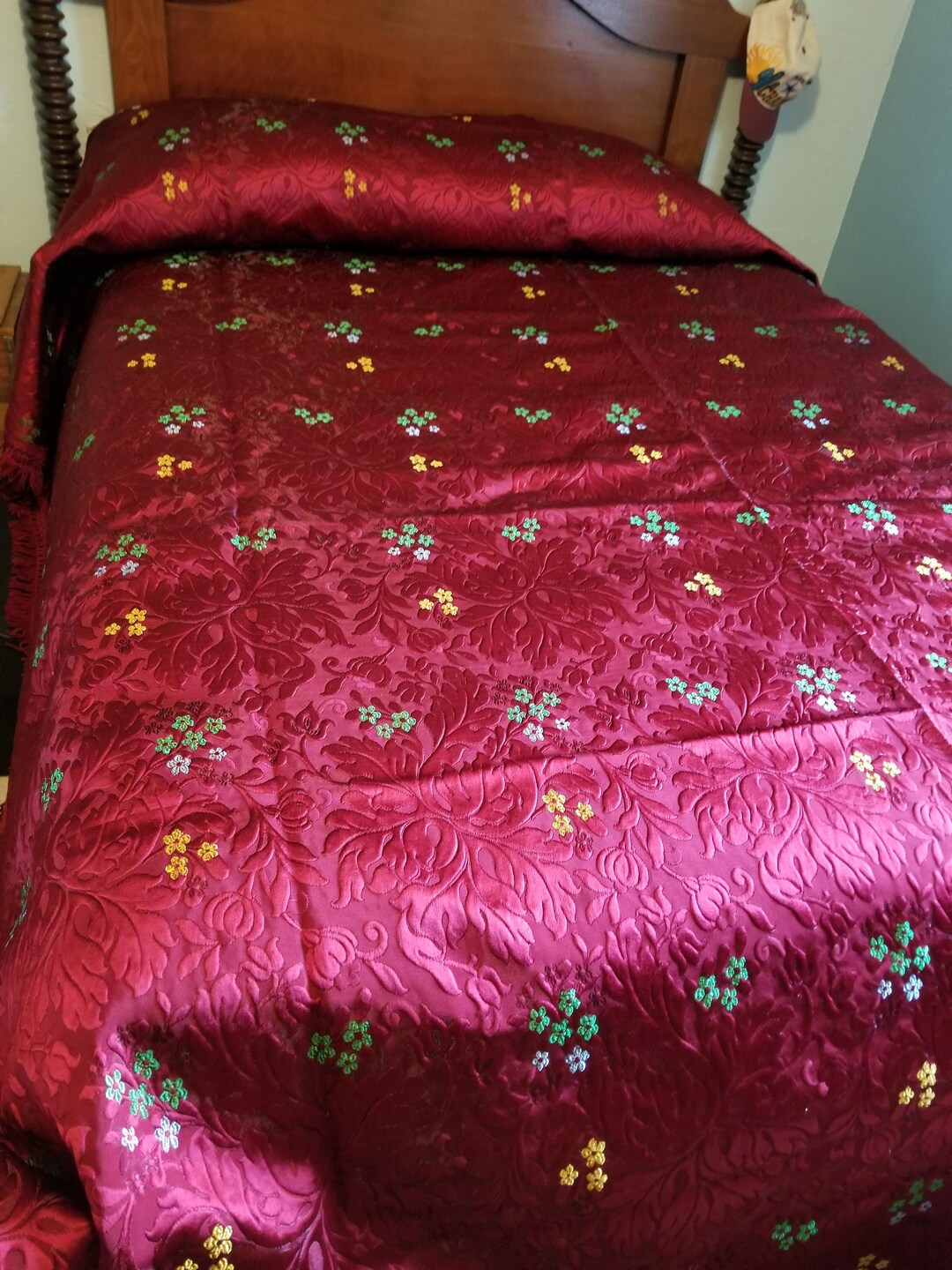 Exquisite Burgundy Brocade Bedspread With Blue Green and Etsy