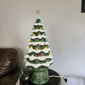 Vintage Ceramic Lighted Christmas Tree - 20 Inch Snow Covered Retro Decor