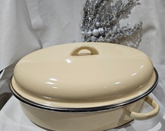 Vintage Enamel Ware Roaster Yellow Roasting Pan With 2 Handles Retro Cookware 2 Piece Baking Pan