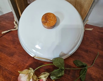 Vintage White Aluminum 10.25" Lid with Wooden Handle