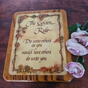 Vintage Religious Wood Plaque of The Golden Rule 1980s Religious Wall Decor image 1