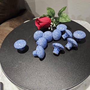 May include: A collection of blue and white speckled mushroom-shaped cabinet knobs. Some knobs are complete mushrooms, while others are just the mushroom cap. A red rose and greenery are also present.