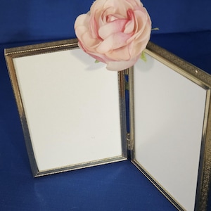 2 vintage Frames Bi-Fold  3 1/2 x 5 Frames Fancy Gold Tone Metal Free Standing Frames Wedding Items Hinged Picture Frames 18F