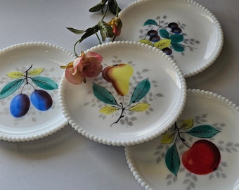 Vintage Milk Glass Salad Plates Lot of 4 Westmoreland Plates in a Fruit Pattern With Beaded Edge