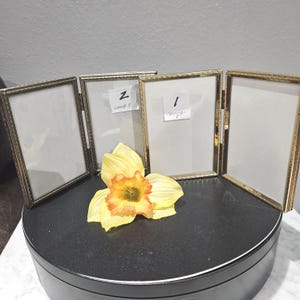 May include: A set of four gold-toned metal picture frames, hinged together, with white inserts. A yellow daffodil with an orange center rests in front of the frames. The frames have labels with handwritten numbers and text.