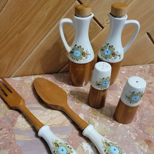 Vintage 1970s Salad Set: Wood & Ceramic Salt Pepper Oil Vinegar - Made in Japan