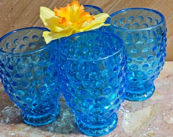 4 Tiara Hobnail Blue Footed Water Glasses 8 Ounce Vintage From The 1980s Drinkware Heavy Blue Glasses