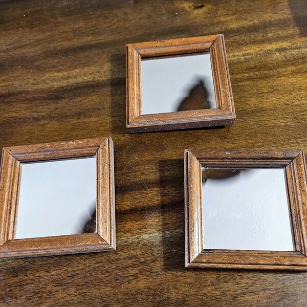 3 Small Vintage Shadowbox Mirror 1990s 5 1/4" Square Wood Mirror Accent Mirror Photo Prop