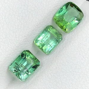 May include: Three green gemstones with different cuts are shown against a white backdrop. The gems are faceted, with a transparent appearance. One is cushion cut, and two are emerald cut. The gemstones are arranged diagonally.