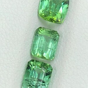 May include: Three faceted, green gemstones are displayed against a white background. The gems have a rectangular and cushion cut. The gems are a vibrant, light green colour, and reflect light.