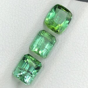 May include: Three bright green gemstones, cut in rectangular and cushion shapes, are set against a white backdrop. The gems are translucent, reflecting light and revealing their internal structure. The stones vary in shade, from lighter to deeper green.