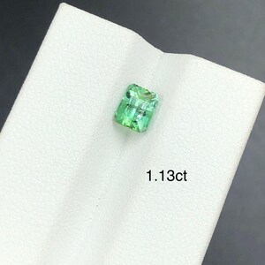 May include: A bright green, rectangular gemstone on a white surface. The gem is a clear, vibrant green. The text "1.13ct" is printed below the gemstone. The gemstone's weight is 0.226 grams.