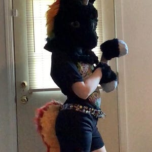 Może przedstawiać: Czarna głowa fursuit jednorożca z tęczową grzywą i białym rogiem. Kostium zawiera czarne szorty, rękawiczki i ogon z tęczowymi akcentami. Osoba ma na sobie czarny t-shirt i pasek z ćwiekami.