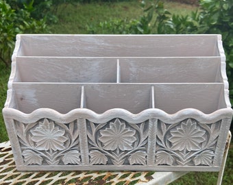 Faux Wood Mail and Letter Holder / Lerner Carved Plastic Shabby Chic blush pink painted Desk Organizer / Bohemian Office