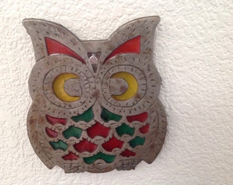 Vintage Owl Stained Glass Trivet- wall hanging- 1970s