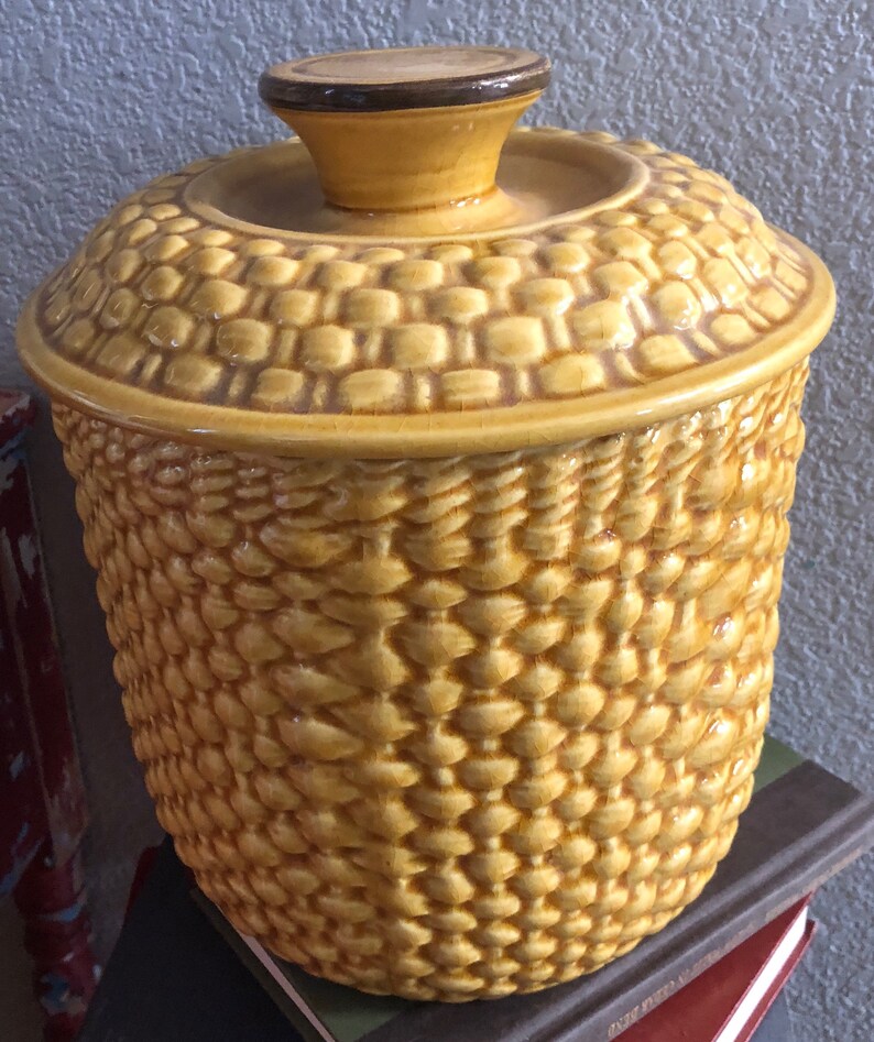 Cookie Jar Golden Mustard Basket Weave Mid Century Los Etsy