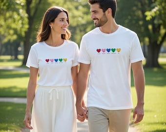 Elegantes T-Shirt mit 5 farbigen Herzen | Minimalistisches Unisex-T-Shirt mit Herzmotiv | Stilvolles Herz-Shirt