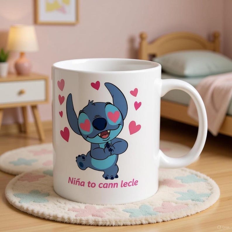 K&ouml;nnte beinhalten: Wei&szlig;e Keramik-Tasse mit einer blauen Cartoon-Figur, herzf&ouml;rmigen Akzenten und rosa Herzen. Auf der Tasse steht der Text "Ni&ntilde;a to cann lecle". Die Tasse steht auf einer cremefarbenen Matte mit floralem Design.