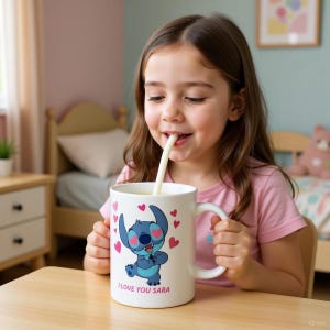 K&ouml;nnte beinhalten: Wei&szlig;e Keramik-Tasse mit einer blauen Cartoon-Figur, herzf&ouml;rmigen Augen und rosa Herzen. Auf der Tasse steht der Text "I LOVE YOU SARA" in Rosa. Eine Person h&auml;lt die Tasse.