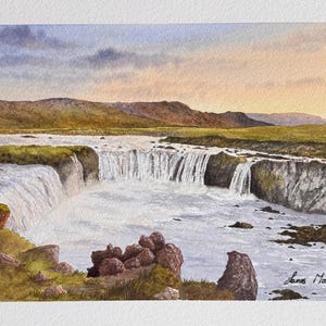 Dipinto ad acquerello originale dipinto a mano e firmato raffigurante la cascata Godafoss in Islanda