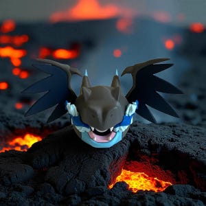 Könnte beinhalten: Eine braune und blaue Charizard-Figur mit schwarzen Flügeln, vor dem Hintergrund einer vulkanischen Landschaft mit glühender orangefarbener Lava. Die Figur hat einen lächelnden Ausdruck und ist ein Sammlerobjekt.