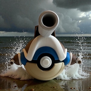 May include: A 3D-printed, tan, blue, and white Blastoise figure with a large cannon on its back, positioned in the ocean with waves splashing around it. The background features a cloudy sky and the sea.
