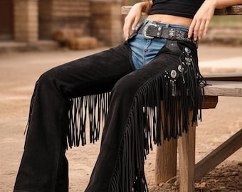 Women’s Western Black Suede Leather Chaps with Fringe | Cowboy Rodeo Outfit