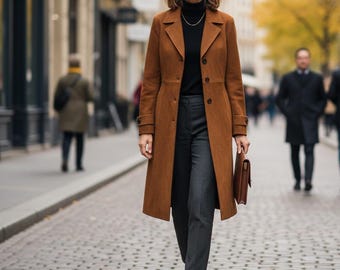 May include: A woman wearing a long, brown coat, black turtleneck, and gray pants walks down a cobblestone street. She carries a brown leather briefcase and wears black ankle boots. The background shows a city street with other pedestrians.