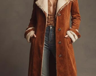 Vintage Shearling Suede Long Coat for Women 70s Retro Brown Winter Trench Jacket