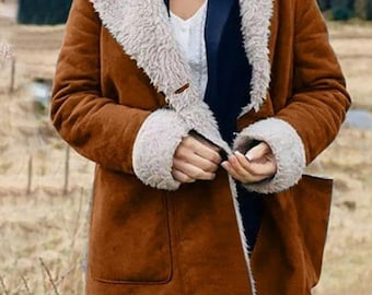 Women’s Brown Shearling Suede Coat | Vintage Suede Jacket with Faux Fur Lining
