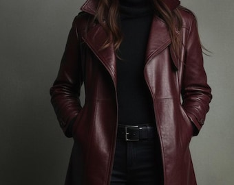 Women's Burgundy Leather Trench Coat | Long Faux Leather Jacket  | Elegant Maroon Overcoat for Women