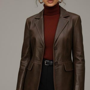 Dames echt lederen blazer klassieke jas met één knop, Black, XL