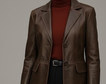Women’s Dark Brown Leather Blazer | Tailored Classic Fit | Chic Leather Office Jacket