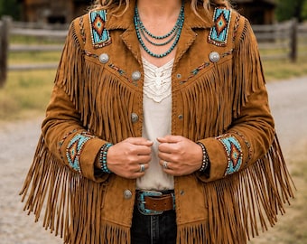 Chaqueta vaquera para mujer de ante marrón claro con flecos y cuentas - Chaqueta artesanal de estilo nativo americano