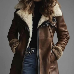 Lammfell-Lederjacke für Damen | Brauner Schaffell Wintermantel | Echter Fliegermantel | Warmer Vintage-Stil