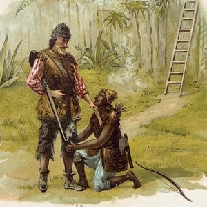 Cromolitografia antica del 1890 circa / Illustrazione di Robinson Crusoe (Incontro con Venerdì) / Stampa d&#39;epoca