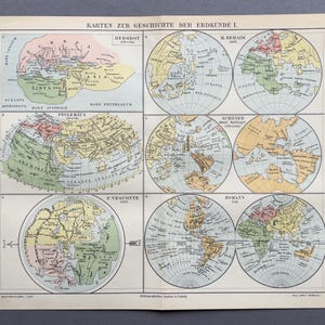 Peut inclure: Une impression vintage avec des cartes du monde historiques. Les cartes sont dans une variété de couleurs, dont le jaune, le vert et le rose, et sont disposées en grille. Le texte en haut indique "KARTEN ZUR GESCHICHTE DER ERDKUNDE I."
