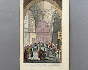 Antyczna, ręcznie kolorowana rycina z ok. 1825 r. – Scena z publicznością osmańską, grafika Ferrario