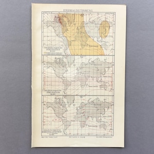 Op de afbeelding: Een vintage papieren kaart getiteld ERDMAGNETISMUS I met drie gestapelde wereldkaarten die magnetische declinatie, inclinatie en horizontale intensiteit weergeven. De kaarten gebruiken zwarte rasterlijnen, rode en zwarte tekst en gele arceringen op een crèmekleurige achtergrond.
