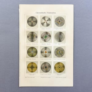 Könnte beinhalten: Ein Vintage-Druck mit dem Titel "Chromatische Polarisation" mit zwölf kreisförmigen Diagrammen. Jedes Diagramm zeigt komplizierte Muster in verschiedenen Farben, darunter Grün, Gold und Silber, vor einem cremefarbenen Hintergrund. Der Druck ist auf gealtertem Papier.