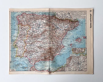 Spanien und Portugal – 1939 Vintage Landkarte – original Lithographie