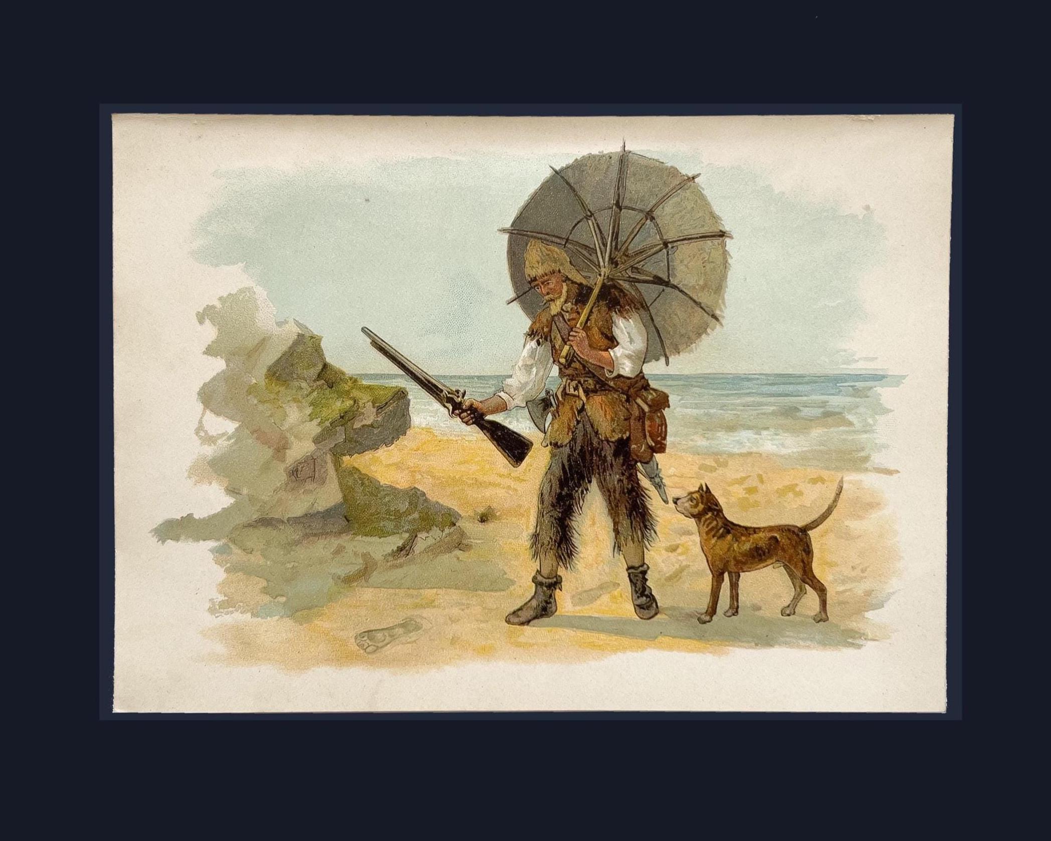 Robinson Crusoe – Antique Lithograph C.1890 – on the Beach With