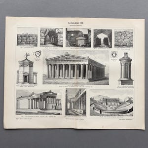 May include: A vintage print titled "Architektur III" with detailed black and white illustrations of ancient architectural elements. The print showcases various structures, including temples, arches, and columns, offering a glimpse into classical design.