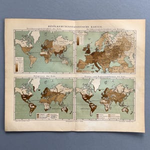 1890 – Statistiska världskartor | Antik originalfärglitografi | Historiska kartor